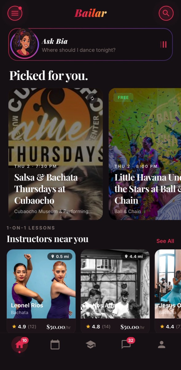 Bailar app discover screen with AI assistant