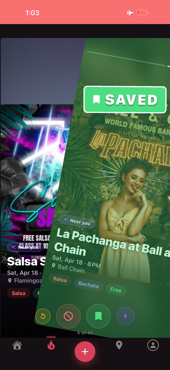 Bailar app swipe-to-save event deck