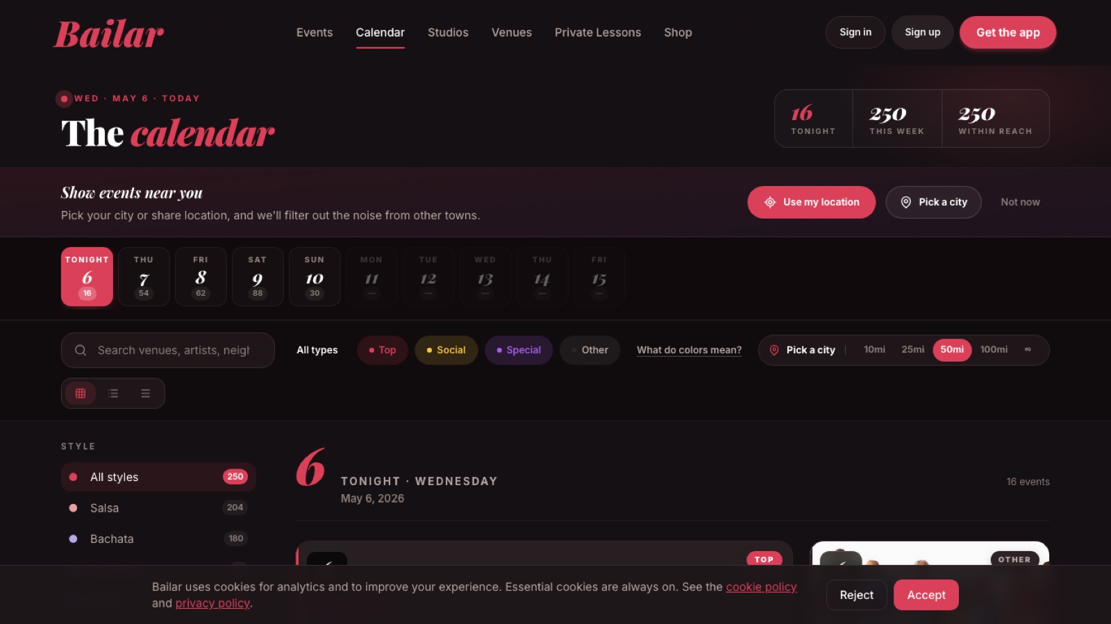 Bailar website calendar page