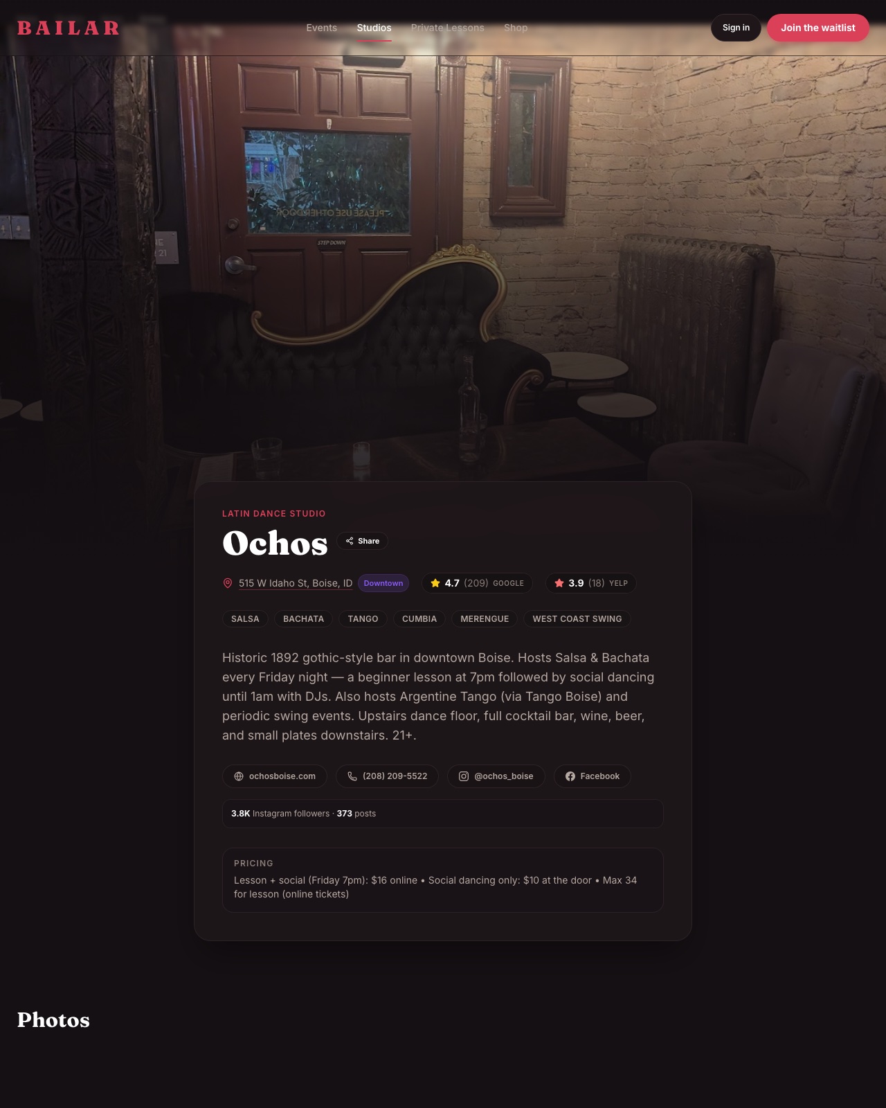 Bailar website studio detail page
