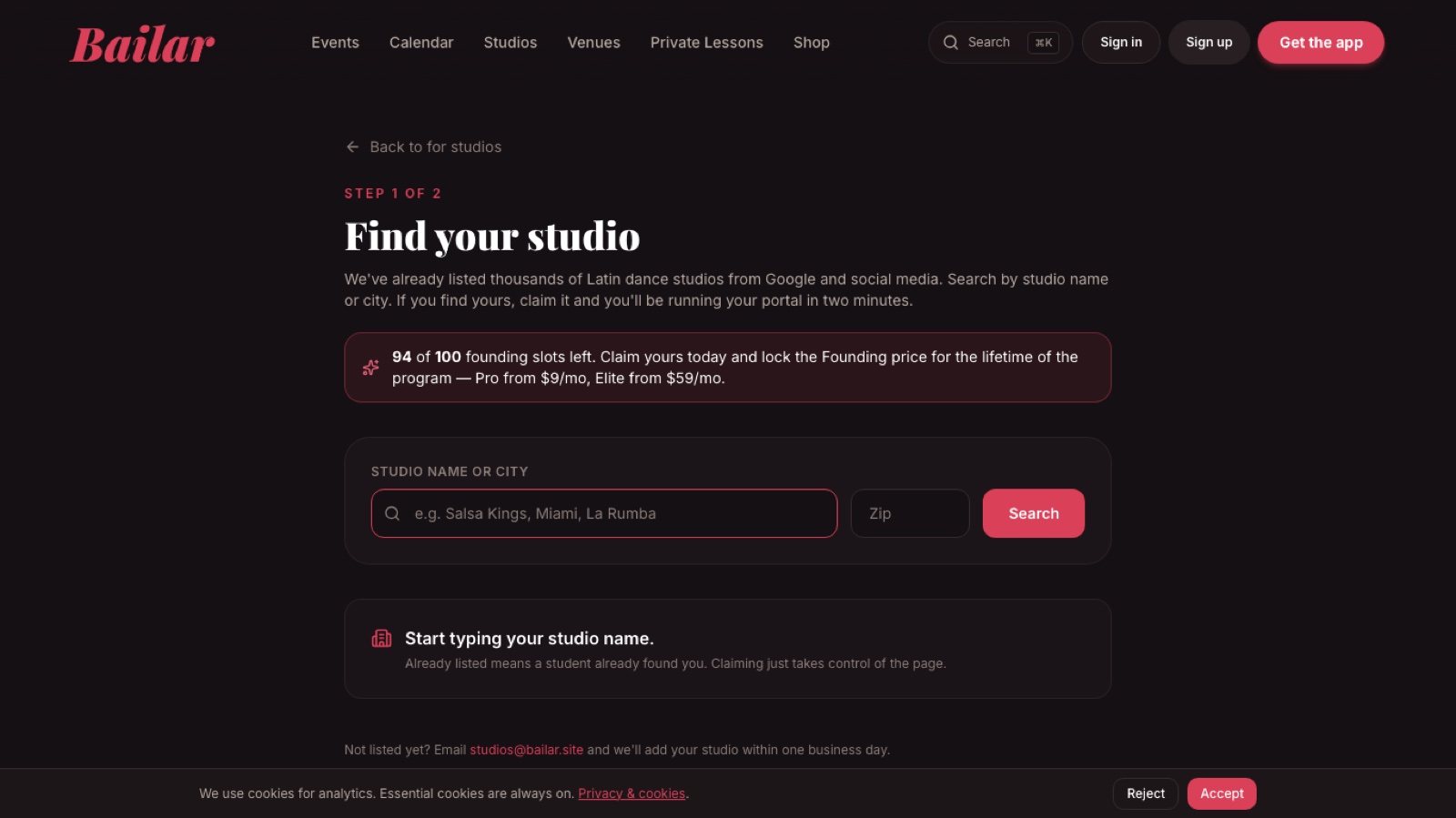 Bailar studio claim flow