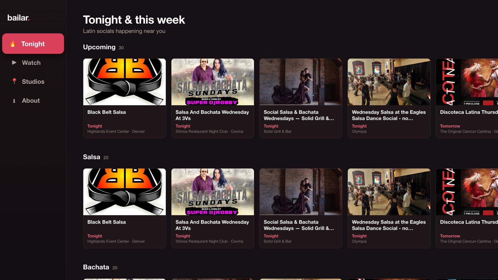 Bailar TV app Tonight screen