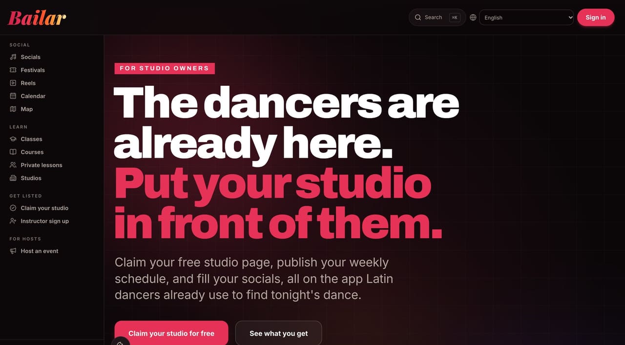 Backstage landing page for studio owners: “The dancers are already here. Put your studio in front of them.”