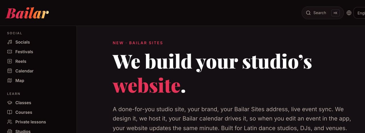 Bailar Sites page: “We build your studio’s website,” with the venue calendar driving the site.