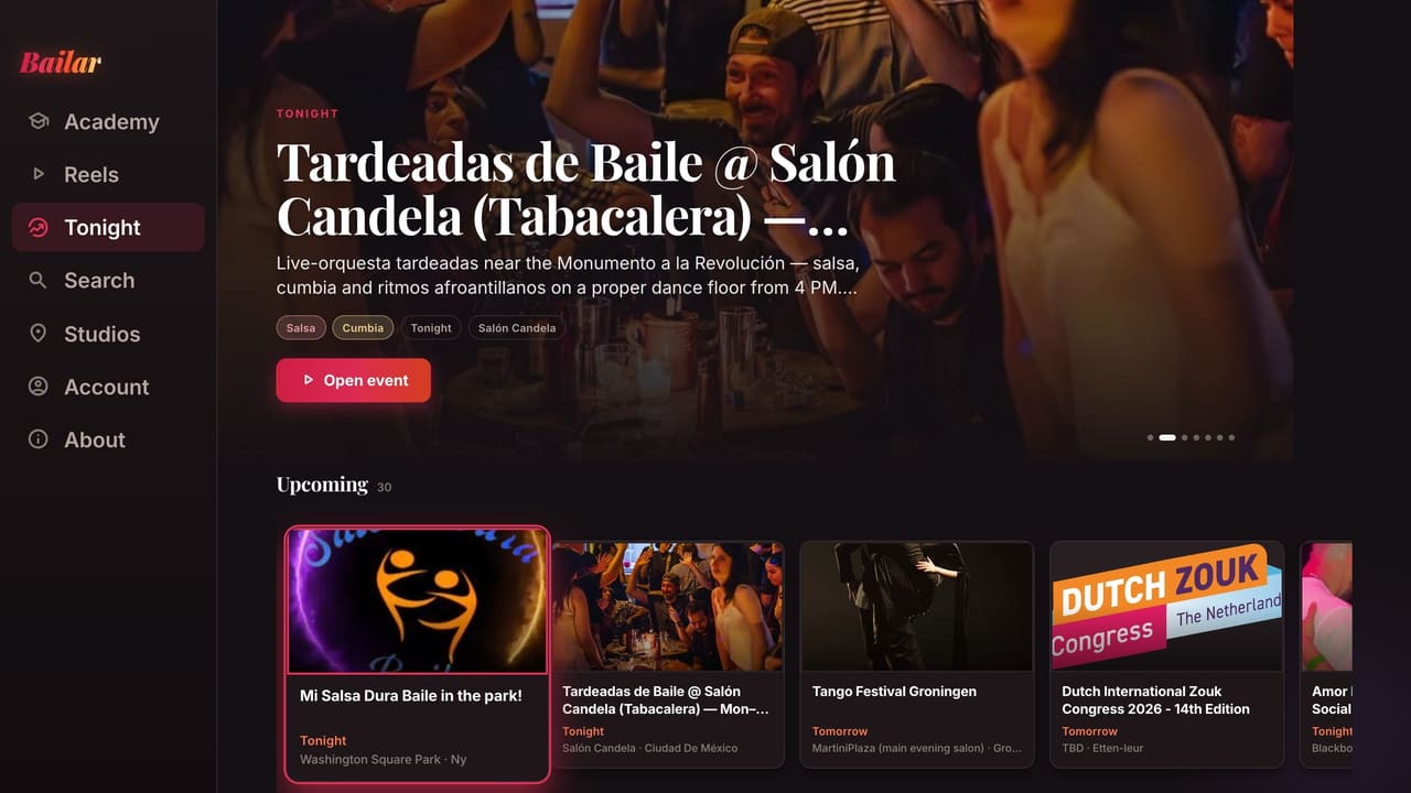 Bailar TV app showing tonight’s featured social and a row of upcoming events.