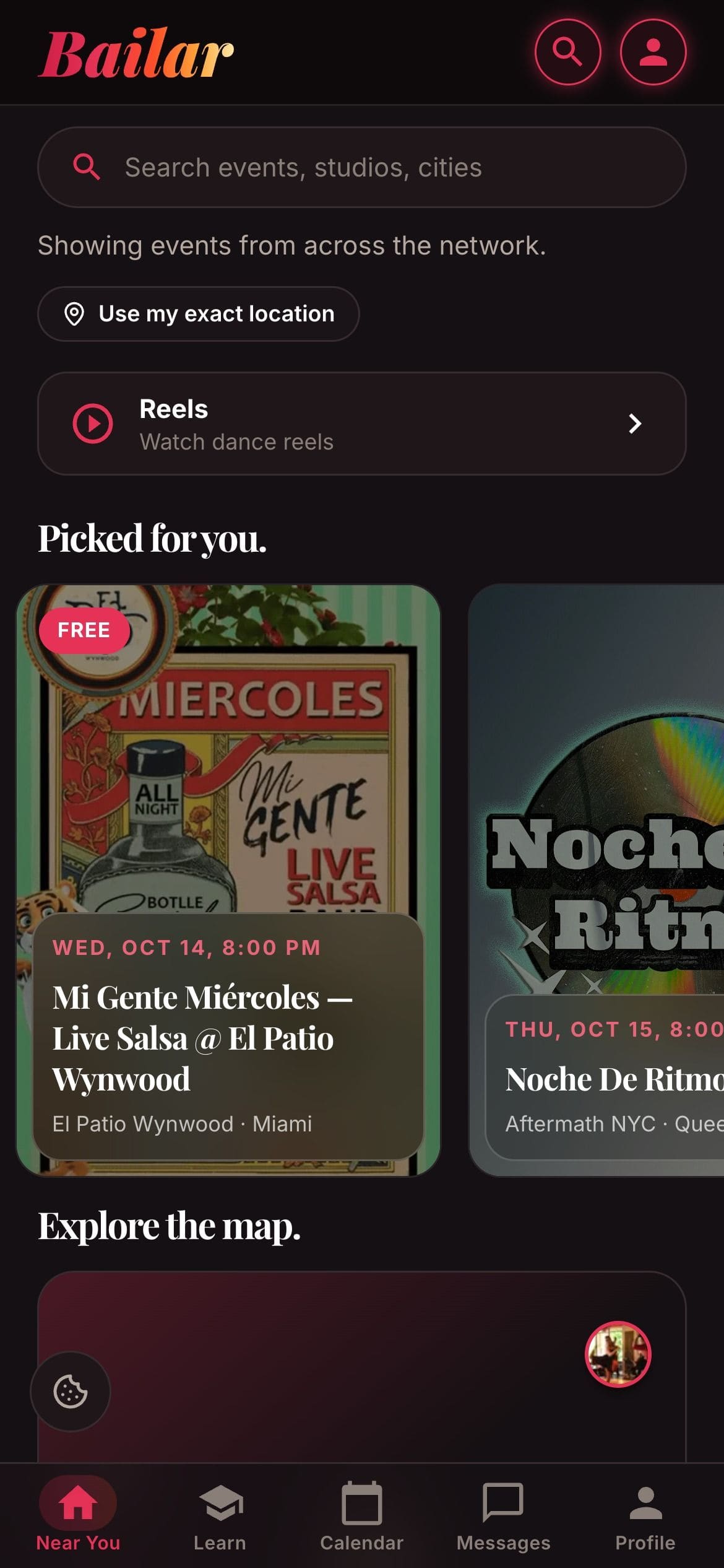 Bailar web app home on a phone with events picked for the dancer.