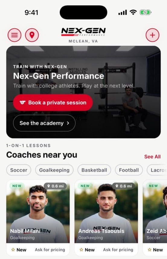 Athlete app home screen showing a book-a-session button and coach cards.