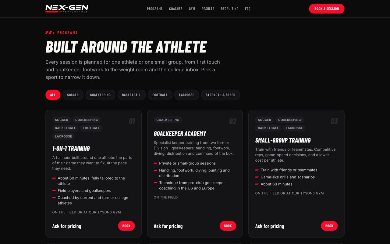 Programs page with sport filters and cards for one-on-one training, goalkeeper academy and small-group training.