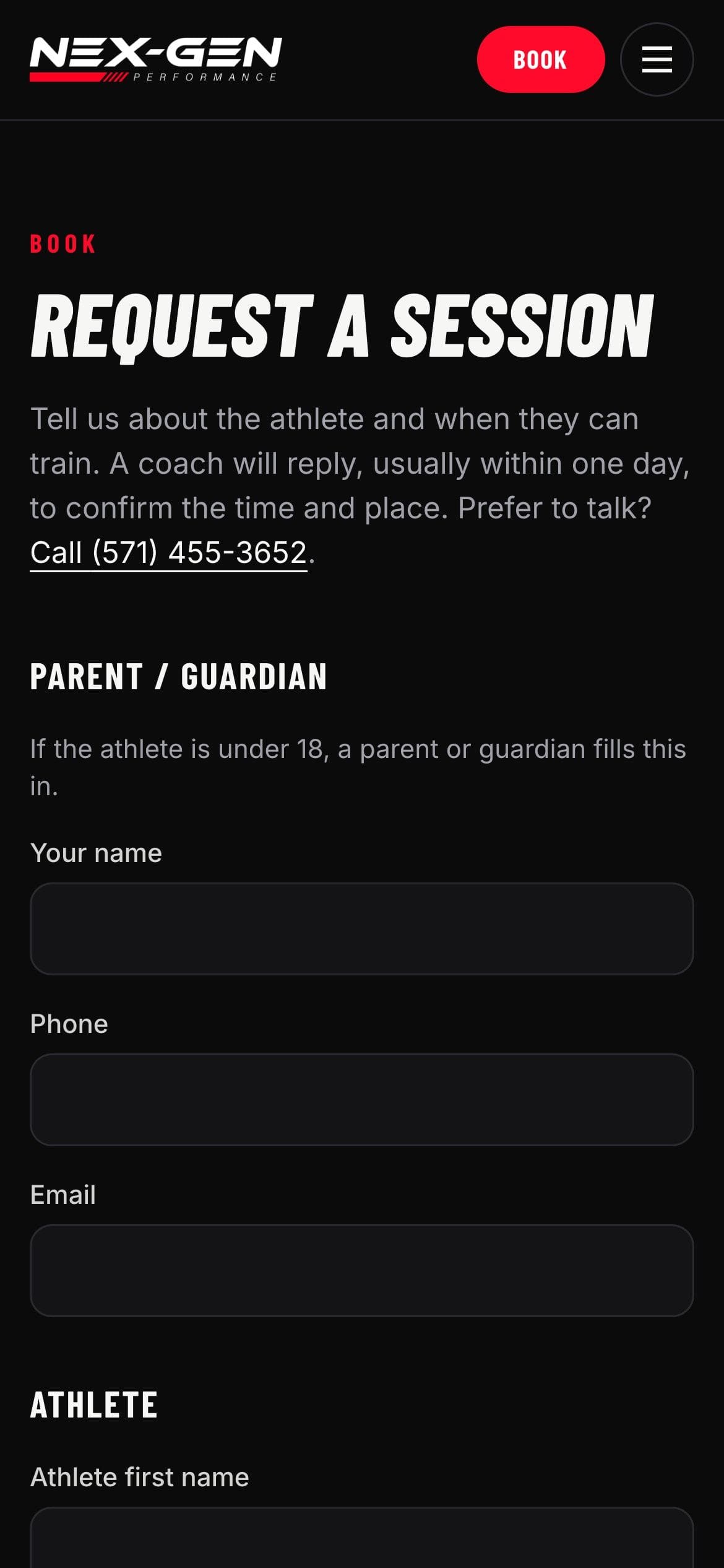 Request a session form on a phone: a short note on when a coach replies, then the parent’s name, phone and email.