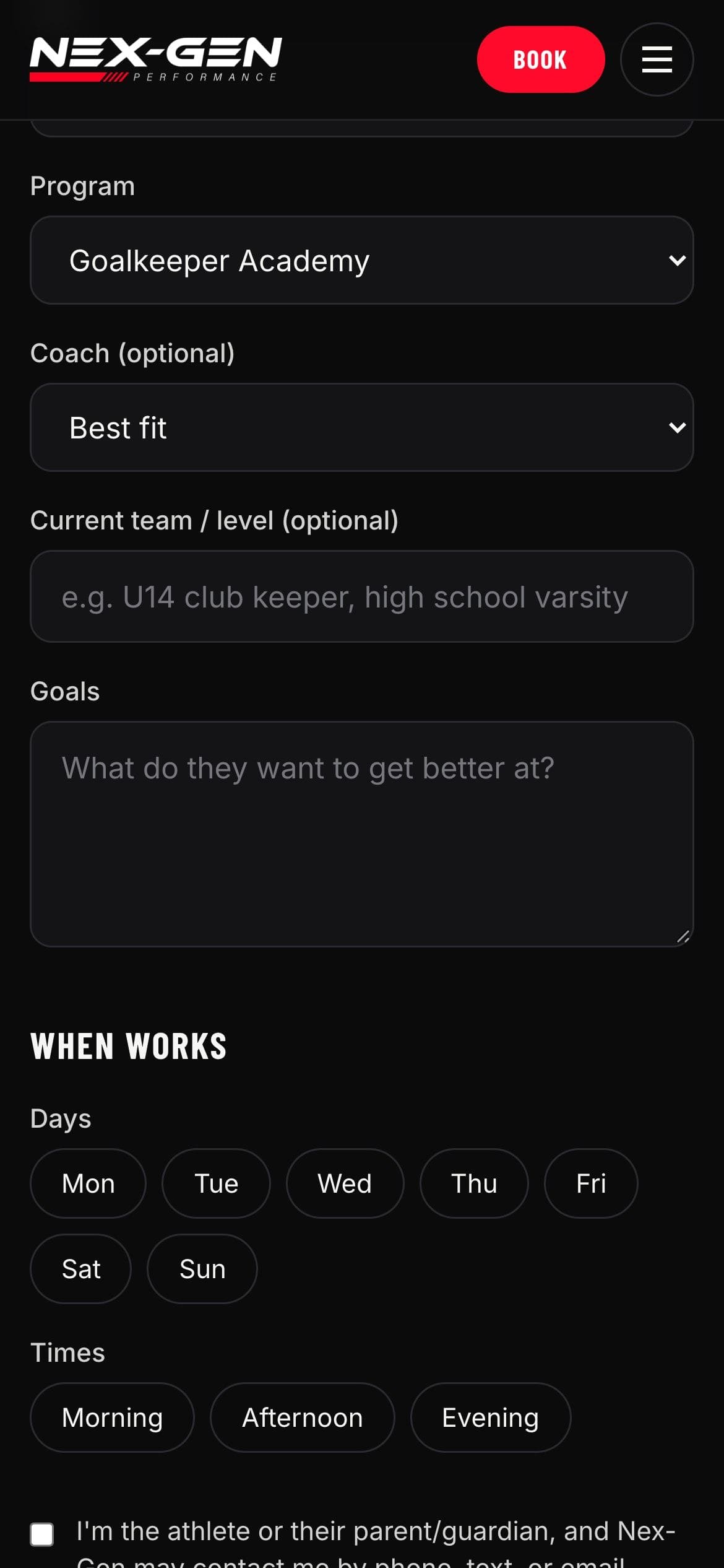 The same form further down: program, coach, goals, and the days and times that work.