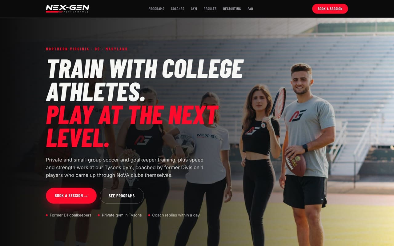 Nex-Gen Performance home page with its headline over a photo of the academy’s coaches and athletes.