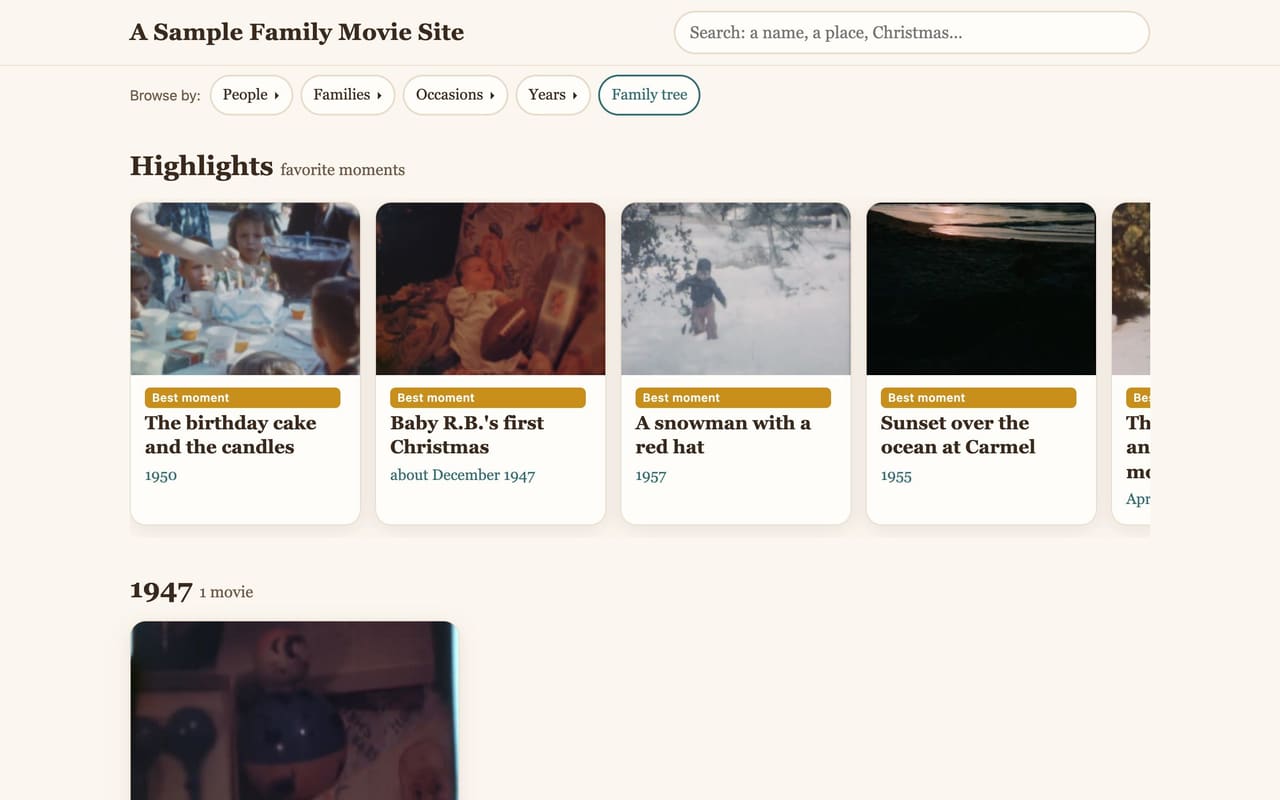 Sample family movie site with highlight cards from home movies of the 1940s and 1950s.