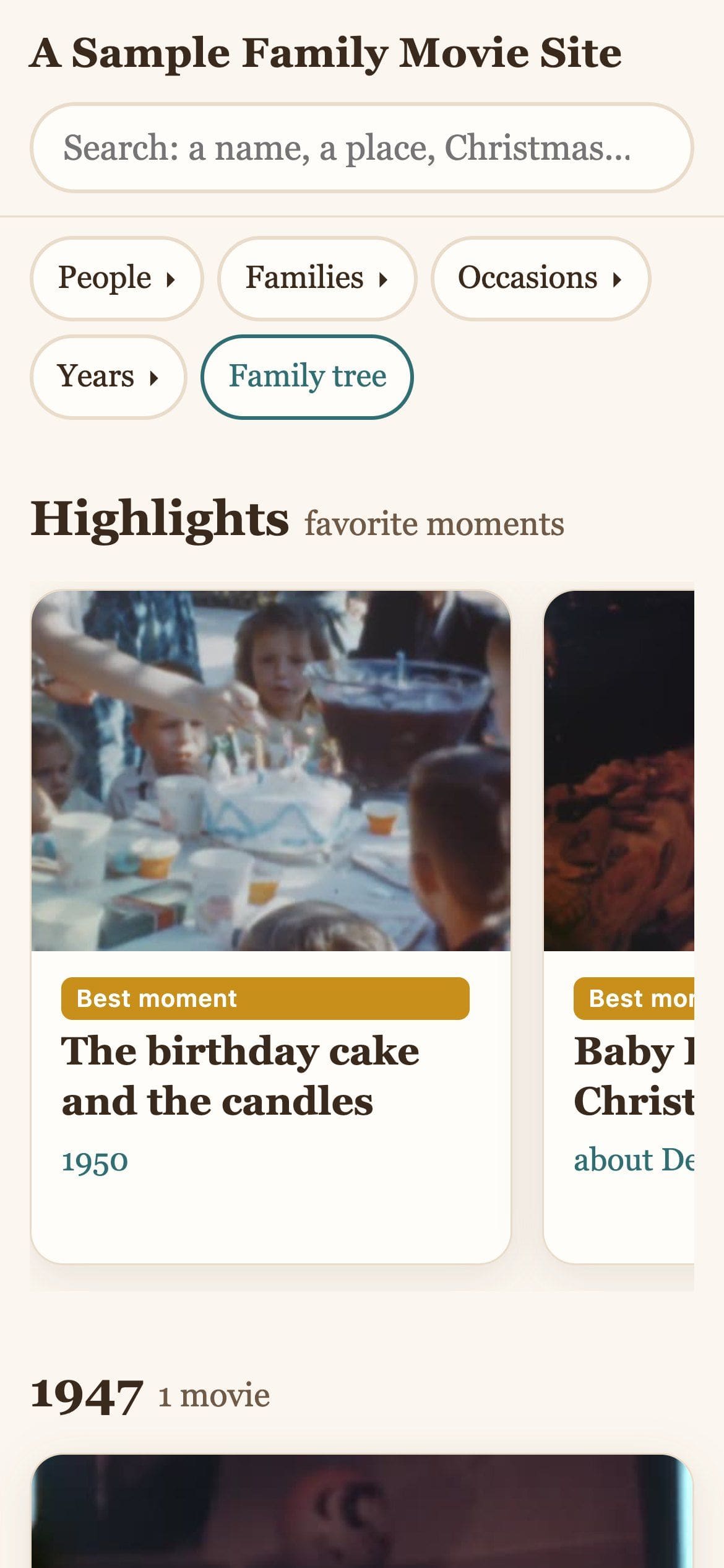 The sample family movie site on a phone, with highlight cards from home movies.