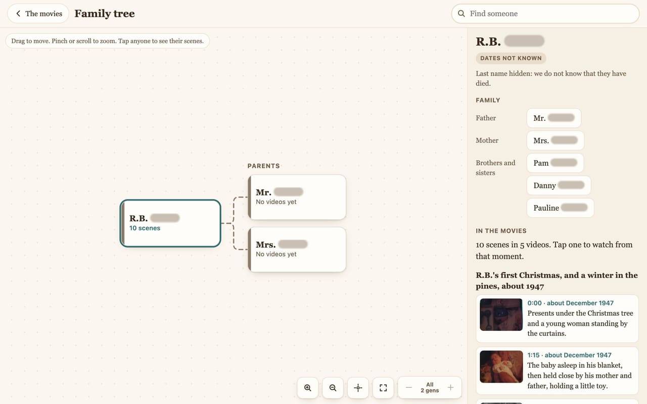 Family tree view with one person selected and their scenes listed beside the tree.