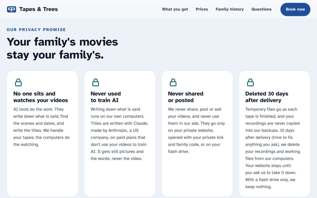 Tapes & Trees privacy section with four promises, including deletion 30 days after delivery.